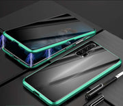 Magnetic Privacy Phone Case with anti-peep tempered glass and scratch protection, displayed on a sleek black background.