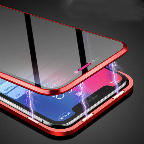 Magnetic Privacy Phone Case showcasing anti-peep tempered glass with lightning effects for enhanced protection.