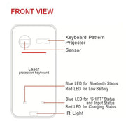 Front view diagram of the Virtual Laser Keyboard Bluetooth Wireless Projector highlighting features and indicators.