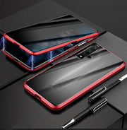 Magnetic Privacy Phone Case in red with anti-peep tempered glass, showcasing scratch and shock protection.