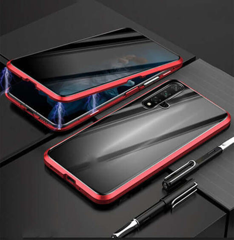 Magnetic Privacy Phone Case in red with anti-peep tempered glass, showcasing scratch and shock protection.