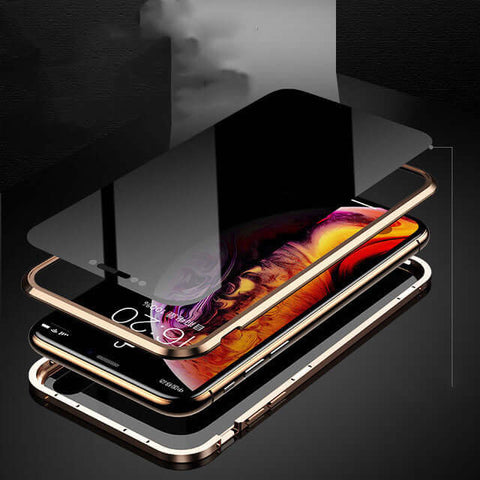 Magnetic Privacy Phone Case showing multiple layers including anti-peep tempered glass for privacy protection.