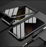 Magnetic privacy phone case with anti-peep glass, protecting against scratches and drops, set on a dark surface.