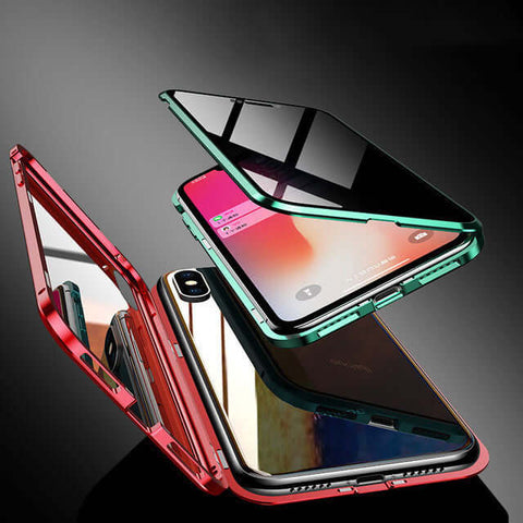 Magnetic Privacy Phone Case shown in red and green, featuring anti-peep design and tempered glass for privacy protection.