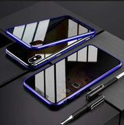 Magnetic privacy phone case with anti-peep tempered glass, designed to keep screen visible only to user while protecting device.
