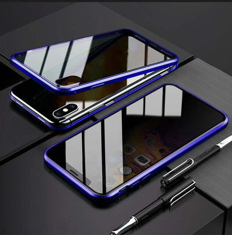 Magnetic privacy phone case with anti-peep tempered glass, designed to keep screen visible only to user while protecting device.