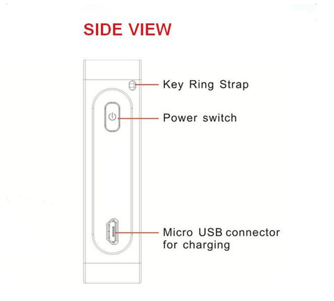 Side view of Virtual Laser Keyboard Bluetooth Wireless Projector showing power switch and micro USB charging connector.