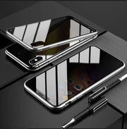 Stylish Magnetic Privacy Phone Cases with anti-peep tempered glass, placed on a sleek surface with a pen.