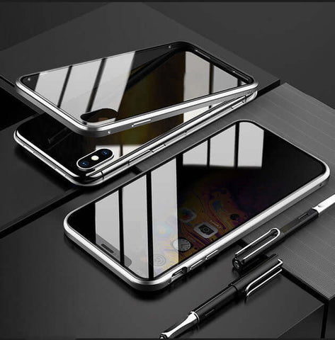 Stylish Magnetic Privacy Phone Cases with anti-peep tempered glass, placed on a sleek surface with a pen.